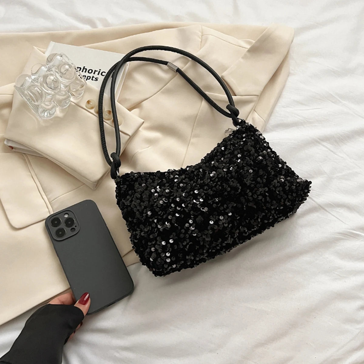 Bolsa Axila com Glitter Preta